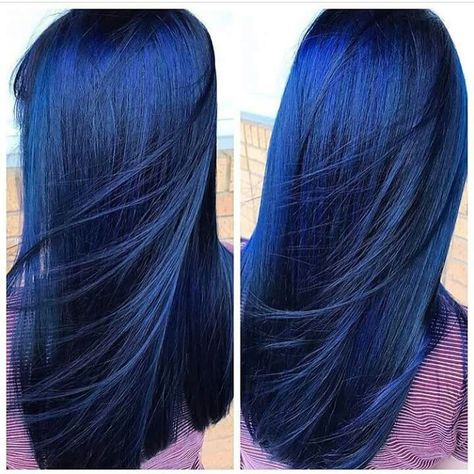 Sapphire blue Midnight Blue Hair Color, Midnight Blue Hair, Metallic Denim, Blue Hair Color, Blue Black Hair, Dark Blue Hair, Hair Color Formulas, Hair Streaks, Hair Color Blue