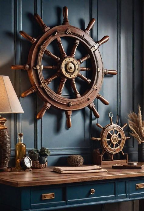 Ship Theme Decor, Sea House Interior, Ship Wheel Decor, Ocean Academia, Nautical Office, Nautical House, Lilac Bedroom, Neutral Bathroom Decor, Vintage Nautical Decor