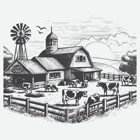 Farm Windmill Drawing, Farming Drawing, Prospective Drawing, Farm Sketch, Cow Field, Cowboy Drawing, Farm Drawing, Farm Illustration, Farm Dream