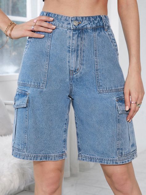 Womens Long Shorts Outfits, Summer Long Shorts Outfits, Wide Leg Bermuda Shorts, Wide Leg Denim Shorts, Knee Shorts Outfits, Wide Jean Shorts, Denim Shorts Outfits Women, Knee Length Shorts For Women, Long Jeans Shorts