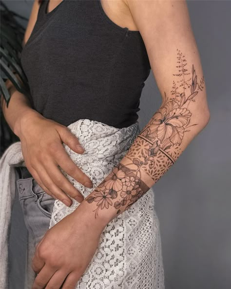 25 Cool Sleeve Tattoos Design Ideas for Women - Flymeso Blog Half Sleeve Line Work Tattoo, Half Sleeve Flower Tattoos For Women Upper Arm, Half Sleeves For Women Tattoos, Fine Line Tattoo Ideas Sleeve, Whimsical Forearm Tattoo, Woman’s Half Sleeve Tattoo, Minimalist Half Sleeve Tattoo, Simple Tattoo Sleeves For Women, Fine Line Half Sleeve Tattoo