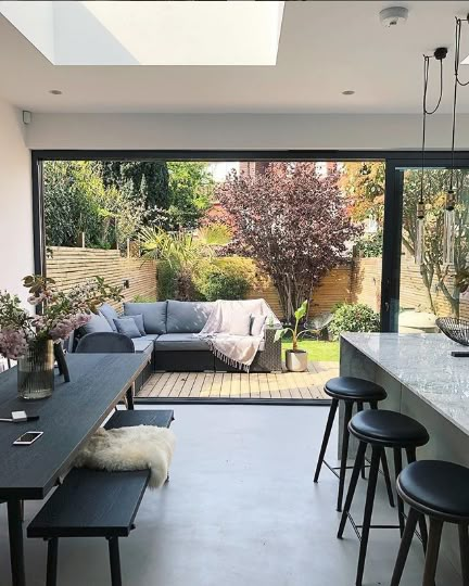 Kitchen Sliding Doors, Open Plan Kitchen Living Room, House Extension Design, Kitchen Dining Living, Sliding Patio Doors, Kitchen Extension, Vinyl Tiles, Dining Room Inspiration, Luxury Vinyl Tile