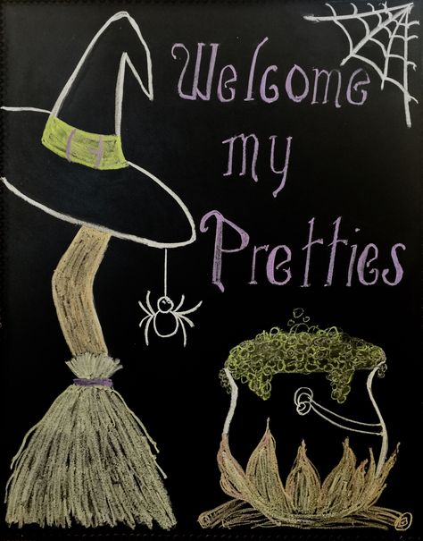 Welcome Home Chalk Art, Halloween Painted Window Ideas, Welcome Fall Chalkboard Art, Halloween Chalkboard Art Witch, Halloween Window Chalk Art, Halloween Chalkboard Sign, October Chalkboard Ideas, Halloween Chalk Art Easy, Chalkboard Art Halloween