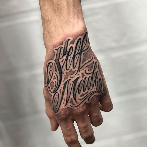 Lettering/Tattoo C/L on Instagram: “•Self Made• done by ❌ @potstattoo ❌ Russia 🇷🇺 #letras #letters #letterstattoo #loveletters #lettering #letteringtattoo #letteringsoul…” Hand Tattoo Writing Words, Letters On Hand Tattoo, Lettering On Hand Tattoo, Self Made Finger Tattoo, Hand Tattoos Letters, Self Made Hand Tattoo, Hand Tattoos Lettering, Hand Tattoos For Guys Words, Hand Letter Tattoo