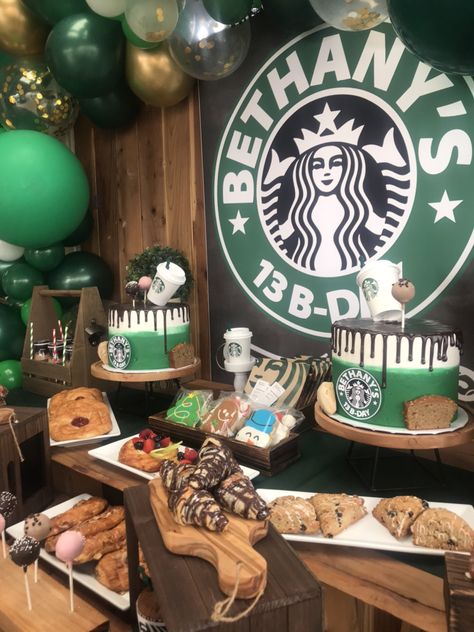 Starbucks Birthday Backdrop, Starbucks Bday Party Ideas, Starbucks Themed Birthday Party, Coffee Themed Birthday, Birthday Starbucks, Starbucks Birthday Party, Starbucks Party, Starbucks Ideas, Starbucks Birthday