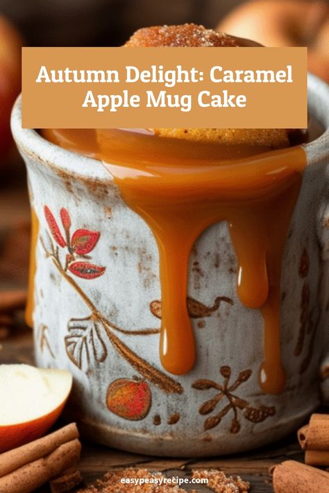 A ceramic mug with caramel sauce dripping over a caramel apple mug cake, surrounded by cinnamon sticks and apple slices. Apple Mug Dessert, Apple Mug Cake, School Cookies Recipe, Mug Dessert, Dessert Cravings, Caramel Apples Easy, Easy Zucchini Recipes, Mug Cake Recipe, Easy Caramel