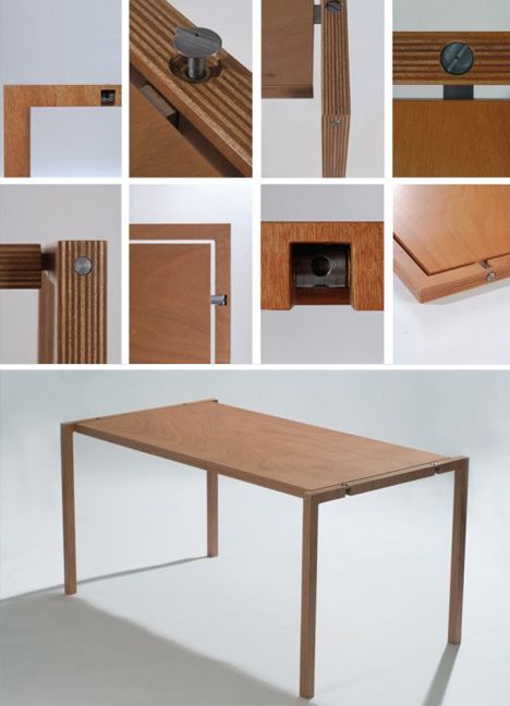 an extremely flat-pack folding table that is elegantly detailed, its metal mechanisms contrasting with a simple plywood structure. Instead o... Foldable Furniture, Flat Pack Furniture, Regal Design, Diy Ikea, Folding Furniture, Smart Furniture, Creative Furniture, Modular Furniture, Furniture Details