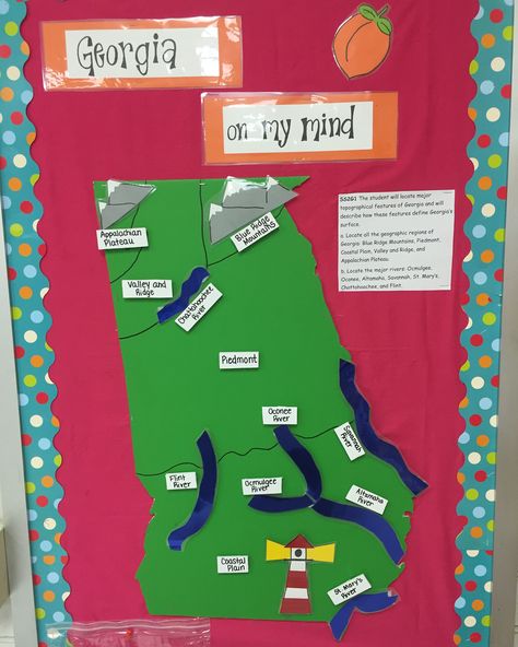 5 Regions Of Georgia, 3rd Grade Georgia Social Studies, Georgia Regions 2nd Grade Project, Social Studies Bulletin Boards, Business Classroom, Social Studies Maps, Georgia Regions, History Bulletin Boards, State Project