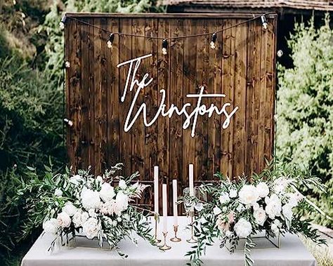 Wedding Backdrop Behind Large Head Table, Rustic Head Table Back Drop, Head Table Backdrop Greenery, Last Name Sign Lights, Sweetheart Table Wedding Grass Backdrop, Last Name Wood Sign, Family Wood Signs, Wooden Wedding Signs, Large Wedding