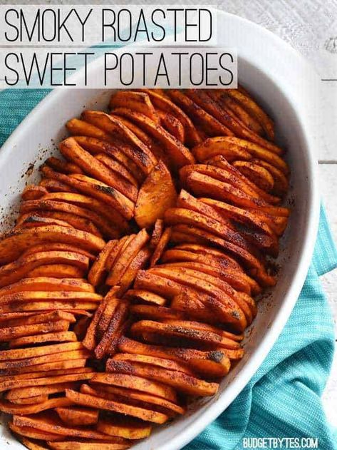 Smoky Roasted Sweet Potatoes - Budget Bytes Budget Bytes, Veggie Side Dishes, Baked Sweet Potato, Favorite Side Dish, Potato Dishes, Sweet Potato Recipes, Side Recipes, Veggie Dishes, Roasted Sweet Potatoes