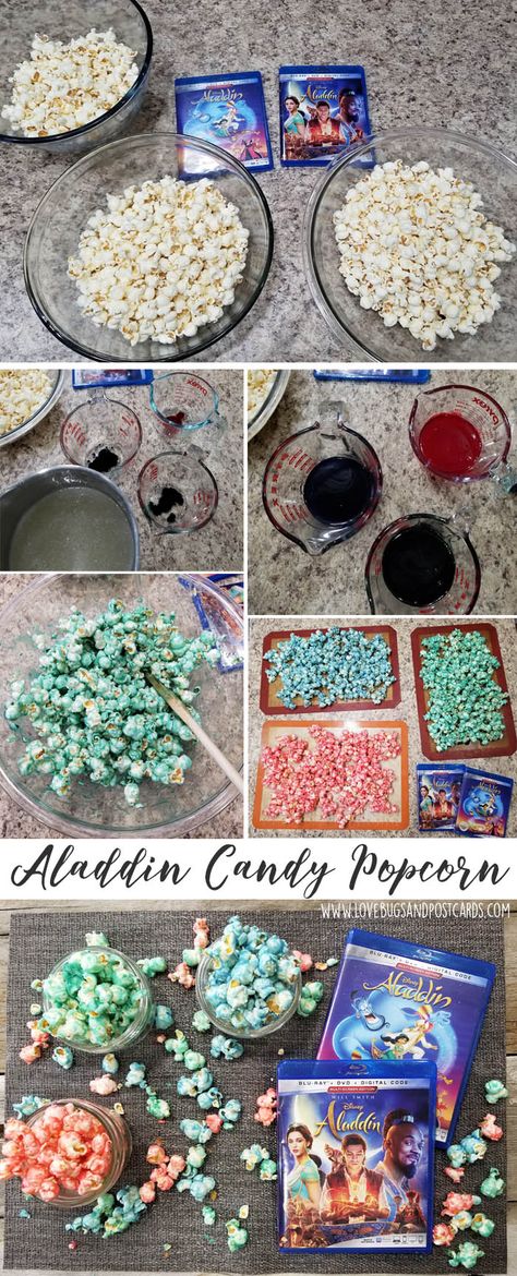 Disney’s Aladdin Candy Popcorn (plus giveaway) Aladdin Snacks, Elemental Movie Food, Aladdin Desserts, Aladdin Movie Night, Movie Night Disney, Candy Popcorn Recipe, Nerdy Recipes, Disney Popcorn, Aurora Birthday