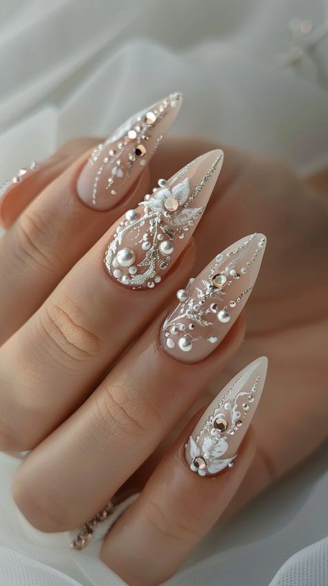 Perfect Wedding Nails, New Year’s Nails, Wedding Nails Long, Bridal Nail Designs, Wedding Nails Design The Bride, Elegant Bridal Nails, Wedding Acrylic Nails, Wedding Day Nails, Bridal Nails Designs