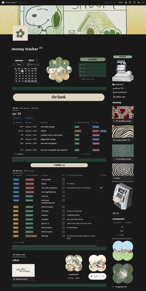 dark mode version ; TEMPLATE: https://ko-fi.com/s/d265997135 #notion #money #tracker #green #moneytracker #savings #bank #template #notiondesign #productivity #cloudji 2023 Study, Studie Hacks, Money Tracker, Theme Template, Dark Mode, Notes Inspiration, Notion Template, Get My Life Together, Aesthetic Template