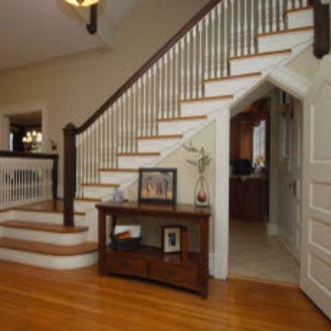 Doorway across from side entrance. Leads to B&B office. Little side table holds brochures, maps of town, business cards, etc. Doorway Under Stairs, Door Under Stairs, Room Under Stairs, Foyer Stairs, Beautiful Stairs, Entry Stairs, Hidden Rooms, Entrance Ways, Basement Decor