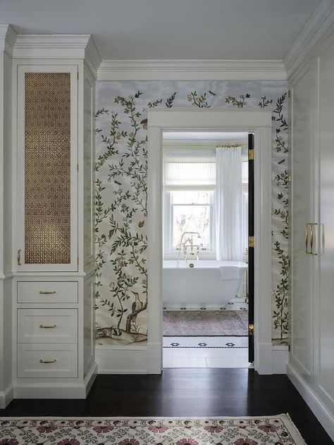 Walk In Closet with Hand Painted Wallpaper - Transitional - Closet Transitional Closet, Mirrored Wardrobe Doors, Closet Island, Star Pendant Lighting, Mud Rooms, Wallpaper Ceiling, With Wallpaper, White Drawers, Hand Painted Wallpaper