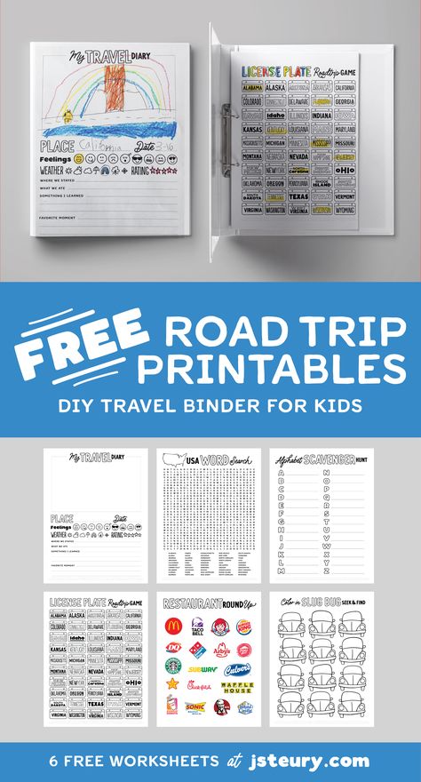 Make your own travel binder to keep your kids entertained on your next family vacation or any long road trip. These free, easy, printables are perfect for a DIY activity binder for children. Set of 6 USA inspired worksheets, includes travel diary, 50 states word search, ABC scavenger hunt, classic License Plate Game, Restaurant Round-up, and fun unique Slug Bug Seek and Find. Road Trip Activity Binder, Road Trip License Plate Printable, License Plate Game Printable Free Prints, Road Trip Binder For Kids, Travel Binder Printables, Roadtrip Printables For Kids, Free Printable Road Trip Activities, Road Trip Printables For Kids Free, Road Trip Scavenger Hunt For Kids