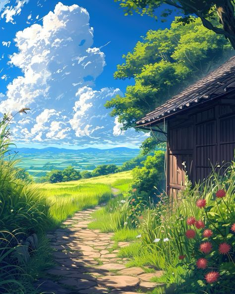 A path to serenity, where nature welcomes every step. 🌼🌿 #naturepath #flowerfields #countryside #animeart #naturewalk #serenespace Anime Art Aesthetic Landscape, Chinese Nature, Colorful Anime, Journal Images, Background References, Anime Land, Anime Landscape, Notion Aesthetic, Markers Art