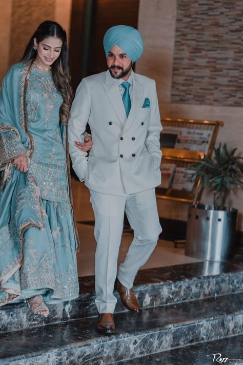 Twining Couples Outfits, Powder Blue Combinations, Punjabi Engagement Outfit Ideas, Couple Combination Clothes, How To Pose In Suit Women, Light Blue Couple Outfits, Punjabi Engagement Look, Engagement Punjabi Outfits, Punjabi Reception Outfit