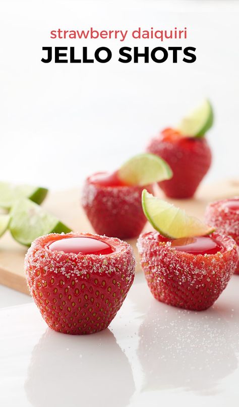 Strawberry Daiquiri Jello Shots. A jello shot INSIDE a strawberry makes for a completely edible treat! These might be the best jelly shot to date. Not only do you get the boozy fun of a jelly shot, but also the vessel that holds the shot is edible. And not only is it edible... it’s a sweet, delicious strawberry. It doesn’t get much better than that! Jello Shots Fruit, Boozy Strawberries, Fancy Jello Shots, Strawberry Daiquiri Jello Shots, Best Jello Shots, Jelly Shots, Alcoholic Desserts, Pudding Shots, Jello Shot Recipes