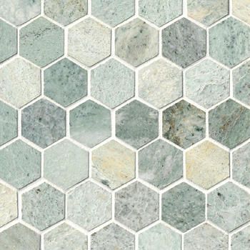 Mosaic Tiles for Bathrooms, Backsplashes & More | The Tile Shop Shower Update, Green Mosaic Tile, Green Tile Bathroom, Green Backsplash, Hex Tile, Marble Wall Tiles, Renovation Inspiration, Shower Floor Tile, White Subway Tiles