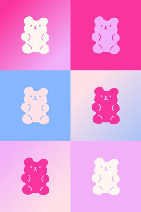 The logo mark for Sugar Rush Candy and Gifts is an organic, squishy gummy bear illustration. The feminine and bold color palette features soft pink and cream contrasted by vibrant blue, magenta, and lilac.  Interested in seeing more of our branding work? Take a look at some of our featured projects on our website. Candy Logo Design Ideas, Pink And Blue Branding, Gummy Bear Illustration, Candy Graphic Design, Candy Branding, Bear Graphic Design, Candy Illustration, Food Company Logo, Gummy Fish