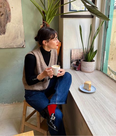 Frazzled English Woman Outfits Winter, Light Brown Loafers Outfit, Style Inspiration Midsize, Colorful Work Outfits Office Attire, Crew Neck Sweatshirt Outfit Dressy, Sweater Vest Women Outfit, Quirky Corporate Outfits, Casual Therapist Outfit, Midsize Winter Outfits Going Out