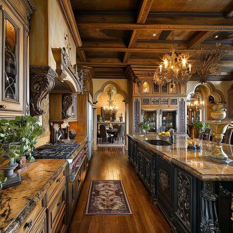 Knightcore Aesthetic, Castle House Interior, Ornate Kitchen, Hacienda Decor, Old World Interiors, Castle Kitchens, Bar Remodel, Home Stratosphere, Old World Kitchens