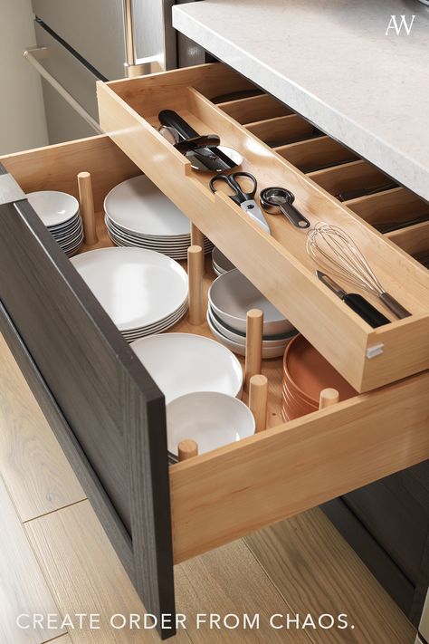 Organize your china with a Scalloped Deep Roll Out Tray. Looking for more organization products? Check out our website to see all the ones we offer! Built In Silverware Drawer, Kitchen Drawer Accessories, Kitchen Island Drawers Layout, Spice Drawer Organization, Island Drawers, Wine Storage Cabinets, Island Storage, Budget Calculator, 2024 Kitchen