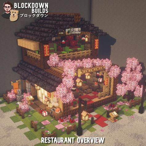 Minecraft Restaurant, Japanese Sushi Restaurant, Minecraft Japanese House, Minecraft Japanese, Rumah Minecraft Sederhana, Minecraft Mansion, Minecraft Structures, Bangunan Minecraft, Minecraft Cottage