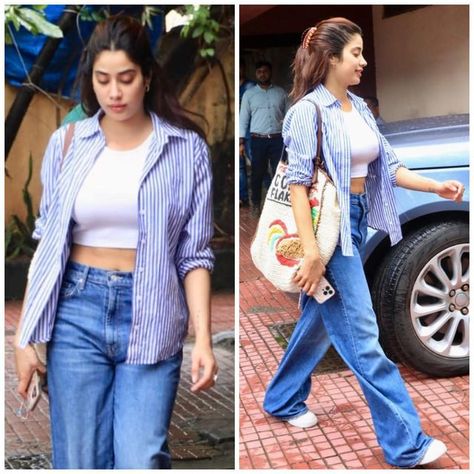 Stripe Shirt Outfits Women Casual, Kapoor Sisters, Blue Striped Shirt Outfit, Outfits Women Casual, Actress Style, Janvi Kapoor, Outfits With Striped Shirts, Jhanvi Kapoor, Stylish Actresses