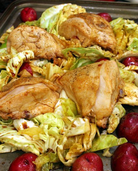 Chicken Cabbage And Potatoes, Chicken Thigh And Cabbage Recipes, Chicken Thigh Cabbage Recipes, Chicken And Cabbage Bake, Chicken Cabbage Potatoes Recipes, Chicken And Cabbage Recipes, Roast Chicken With Schmaltzy Cabbage, Chicken Thigh And Red Potato Recipes, Roasted Chicken Thighs And Potatoes