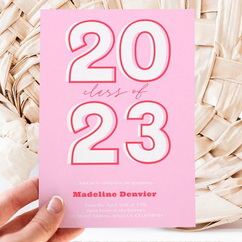 $2.92 | Bold class of 2023 script pink photos graduation #graduate 3 photos collage, class of 2023 grad, senior college high school, bold oversized font, modern and retro, graduation season, bold grad style, 3 photos collage grid, 2023 bold outline text, retro pink and red Pink Graduation Party Invitations, 2023 Invitation, 2023 Font, Collage Grid, Pink Graduation Party, Grad Party Theme, Graduation Party Pictures, Graduation Invites, Pink Graduation