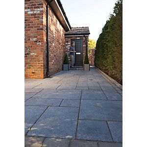 Marshalls Indian Sandstone Textured Grey Multi Paving Slab 560 x 275 x 25 mm - 19.7 m2 pack | Wickes.co.uk Laying A Patio, Sandstone Paving Slabs, Sandstone Texture, Indian Sandstone, Indian Stone, York Stone, Grey Patio, Sandstone Color, Sandstone Paving