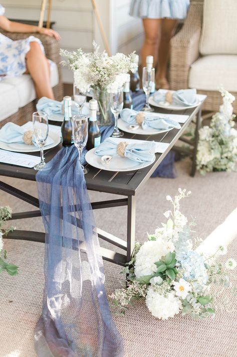 Lake House Bridal Shower Ideas, Something Blue Bridal Brunch, Lake Bridal Shower Ideas, Blue Bridal Shower Table Decor, Coastal Bridal Shower Decor, Bridal Shower Decorations Blue, Blue Bridal Shower Table Setting, Blue Themed Brunch, Something Blue Bridal Shower Ideas Centerpieces