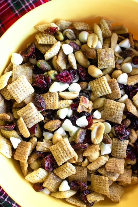 Cranberry Cinnamon Snack Mix is full of crunchy cinnamon cereal, peanuts, pistachios, white chocolate chips and dried cranberries. It's a holiday snack mix everyone will love! #cranberry #cinnamon #snackmix #CranberryWeek #SweetBeginningsBlog Fruit Mix Ideas, Cranberry Snack Recipes, Cranberry Chex Mix Recipe, Popcorn Flavor Recipes, Recipes With Dried Cranberries, Cinnamon Chex Mix Recipes, Crispix Snack Mix Recipe, Crispix Snack Mix, Dried Cranberry Recipes