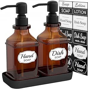 LMQML Soap Dispenser - 2 Pack, Antique Design Thick Amber Glass Hand Soap Dispensers with Sturdy Tray; 304 Rust Proof Stainless Steel Black Pump, 12Pcs Stickers, for Kitchen, Bathroom- Black Unique Soap, Glass Soap Dispenser, Soap Pump Dispenser, Dish Soap Dispenser, Brushed Copper, Hand Soap Dispenser, Soap Dispensers, Kitchen Soap, Kitchen Soap Dispenser