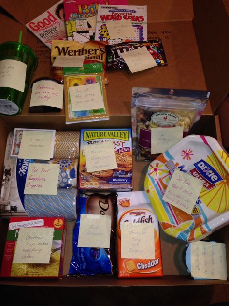 Care package for grandma who broke her arm.  Put a quirky note on each item. Care Packages For Men, Care Packages, Care Package, Gift Giving, Wedding Anniversary, Best Gifts, Gift Wrapping, Gift Ideas, Packaging