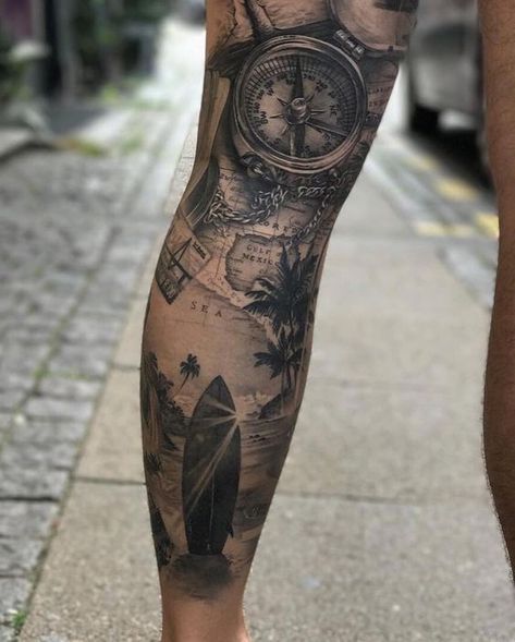 Explore Men's Beach Tattoos 2024: Serene Shores to Nautical Adventures Calf Sleeve Tattoo, Tattoo Calf, Nautical Tattoo Sleeve, Surf Tattoo, Places For Tattoos, Full Leg Tattoos, Taurus Tattoos, Map Tattoos, Nautical Tattoo