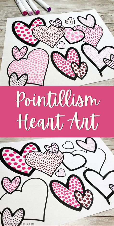 Heart art for kids. Pointillism art with heart template. Heart Art For Kindergarten, Grade 5 Valentines Day Art, Heart Art Lessons For Elementary, Heart Mosaic Art For Kids, Valentines Art 3rd Grade, Valentines Craft Middle School, Valentine’s Day Art 3rd Grade, Heart Art Kindergarten, Q Tip Heart Painting