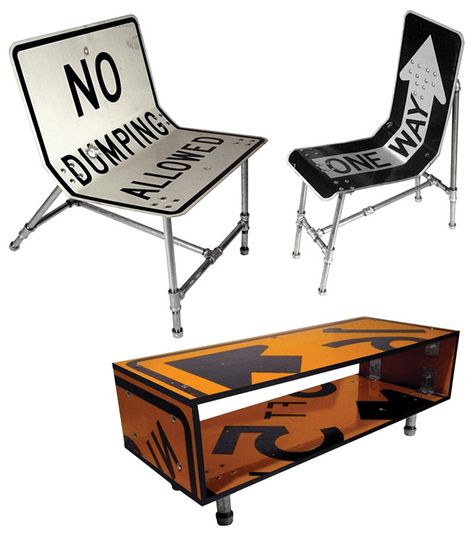 Sign seats . . . Car Part Furniture, Car Furniture, Automotive Decor, Road Sign, Funky Furniture, Recycled Furniture, Repurposed Furniture, Industrial Furniture, 인테리어 디자인