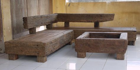 railroad tie furniture Outdoor Corner Seating, Transitional Living Room Furniture, Railroad Tie, Corner Seating, Furniture Sketch, Wooden Bench, Cheap Furniture, Handmade Furniture, Pallet Furniture