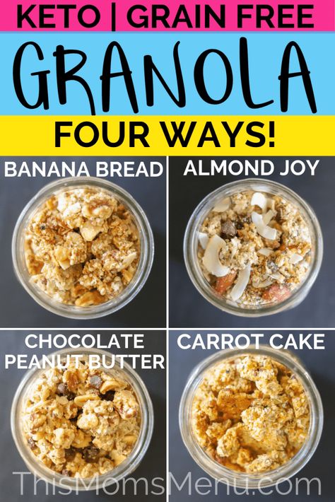 This homemade keto granola can be eaten on top of yogurt, as a low carb substitute for cereal, or just all on its own for a delicious snack! You won't believe how easy it is to make and with four different flavors, there is truly something for everyone. #keto #ketogranola #granola Banana Bread Granola, Carb Substitutes, Keto Cereal, Nutritional Yeast Recipes, Low Carb Granola, Yeast Recipes, Keto Granola, Peanut Butter Granola, Recipes Baking