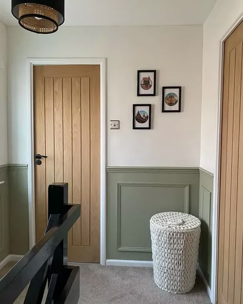 Green Wall With Panelling, Sage Panelling Hallway, Green Lounge Panelling, Interior Design Uk Home, Overly Olive Dulux Paint, Upstairs Panelling, Olive Green Panelling Living Room, Olive Panelling, Green Olive Living Room