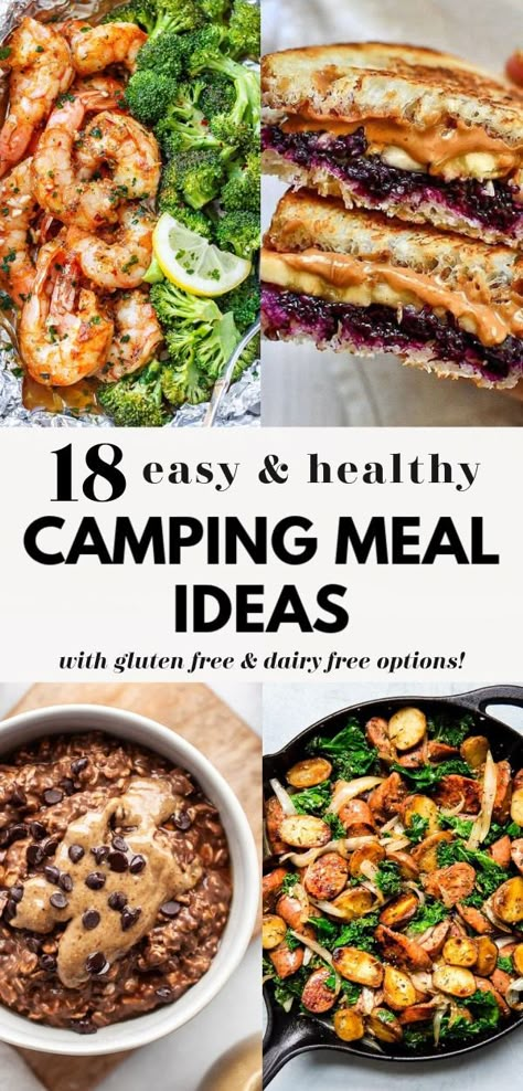 Looking for camping meals or ideas for camping food?? Check out this list of 18 of the best, simple, easy, healthy camping meals, many of which are remade or make ahead, great for breakfast, lunch, or dinner, and there’s vegan, vegetarian, dairy free, and gluten free options! Camping Meals Healthy Make Ahead, Easy Healthy Camper Meals, Mediterranean Camping Meals, Mediterranean Camping Food, Festival Camping Meals, Vegan Gluten Free Camping Meals, Healthy Cabin Meals, Easy Camp Meals Make Ahead, Campstove Dinners