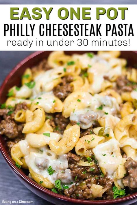 Enjoy everything you love about Philly Cheesesteak in this delicious Philly cheesesteak pasta recipe. This skillet recipe comes together in minutes. Philly Cheesesteak Pasta, Cheesesteak Pasta, Easy Veggie Side Dish, Beef Casserole Recipes, Philly Cheesesteak, Pan Meals, Philly Cheese Steak, Beef Recipes Easy, Easy Pasta Recipes