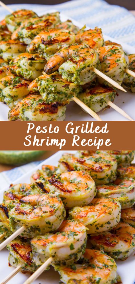 Pesto Grilled Shrimp Recipe | Cheff Recipes Pesto Grilled Shrimp, Pesto Fish, Pesto Appetizers, Marinated Grilled Shrimp, Grilled Shrimp Recipe, Shrimp Pesto Pasta, Healthy Pesto, Pesto Shrimp, Grilled Seafood Recipes