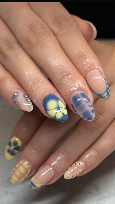 Cute and fun almond shape nails Summer Nails Nail Polish, Cool Girl Summer Nails, Hawaii Summer Nails, Almond Nail Aesthetic, Mix Matched Nails, Gel X Nail Designs 2024, Shorter Nail Designs, Short Simple Almond Nails, Maxamilist Nails