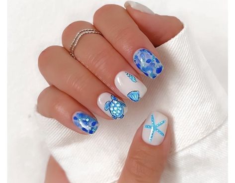 Turtle Nails, Beach Themed Nails, Seashell Nails, Cruise Nails, Wave Nails, Beach Nail Designs, Beach Nail, Beachy Nails, Summer Nails Beach