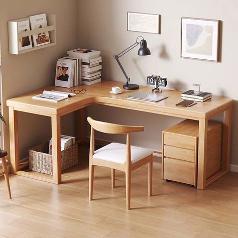 Latitude Run® Karha 3 Piece Solid Wood L-Shaped Desk And Chair Set Office Set with Chair | Wayfair Wood Desks, Wooden Writing Desk, Desk Size, Solid Wood Desk, Desk And Chair Set, Makeup Hacks, Office Set, L Shaped Desk, Office Furniture Desk