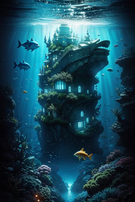 Beautiful House UNDER the water around the see monster Underwater House Aesthetic, Underwater House Art, Fantasy Water House, Under Water Fantasy Art, Building Under Water, Underwater House Fantasy Art, Fantasy Water Kingdom, Underwater Creatures Art, Mermaid House Underwater